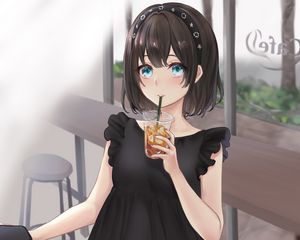 Preview wallpaper girl, drink, cup, anime, art