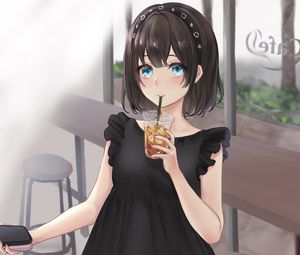 Preview wallpaper girl, drink, cup, anime, art