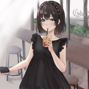 Preview wallpaper girl, drink, cup, anime, art