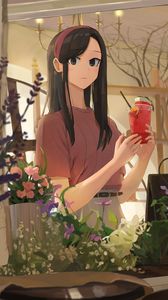 Preview wallpaper girl, drink, glass, glance, anime