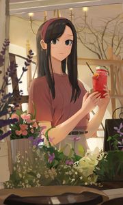 Preview wallpaper girl, drink, glass, glance, anime