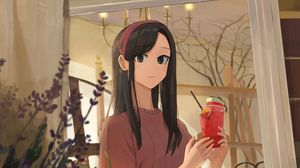 Preview wallpaper girl, drink, glass, glance, anime