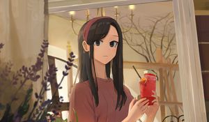 Preview wallpaper girl, drink, glass, glance, anime