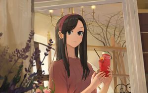 Preview wallpaper girl, drink, glass, glance, anime