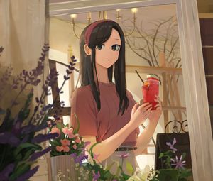 Preview wallpaper girl, drink, glass, glance, anime