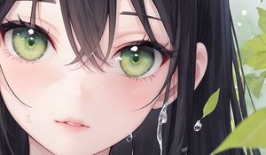 Preview wallpaper girl, drops, leaves, art, anime