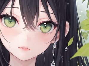 Preview wallpaper girl, drops, leaves, art, anime