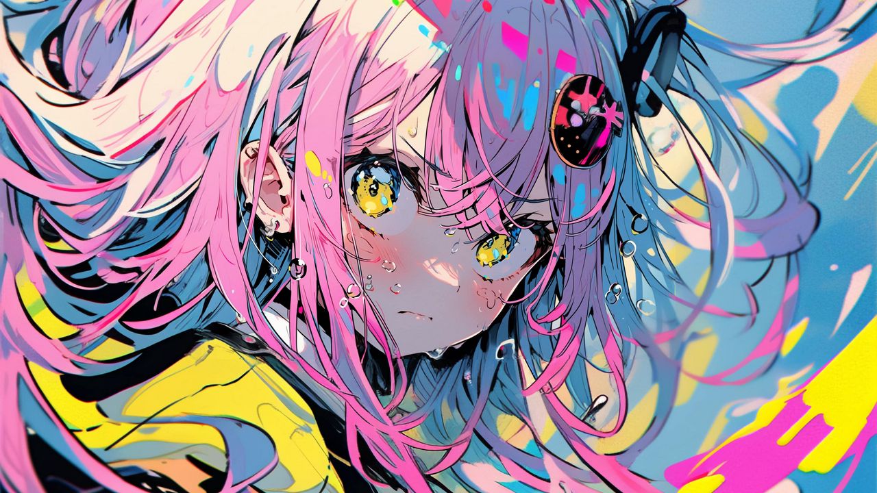 Wallpaper girl, drops, paint, bright, anime