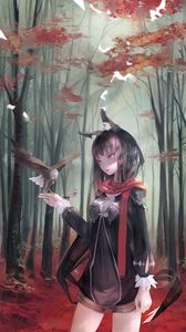 Preview wallpaper girl, eagle, bird, forest, anime, art, cartoon