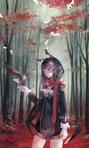 Preview wallpaper girl, eagle, bird, forest, anime, art, cartoon