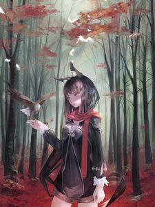 Preview wallpaper girl, eagle, bird, forest, anime, art, cartoon