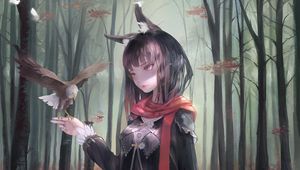 Preview wallpaper girl, eagle, bird, forest, anime, art, cartoon