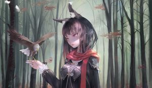 Preview wallpaper girl, eagle, bird, forest, anime, art, cartoon