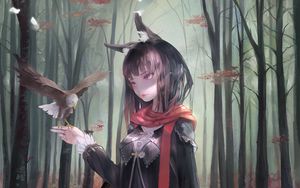 Preview wallpaper girl, eagle, bird, forest, anime, art, cartoon