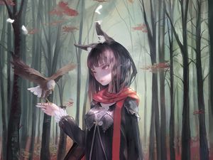 Preview wallpaper girl, eagle, bird, forest, anime, art, cartoon