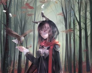 Preview wallpaper girl, eagle, bird, forest, anime, art, cartoon