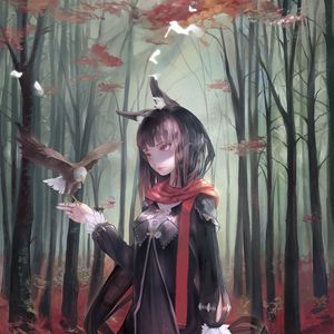 Preview wallpaper girl, eagle, bird, forest, anime, art, cartoon