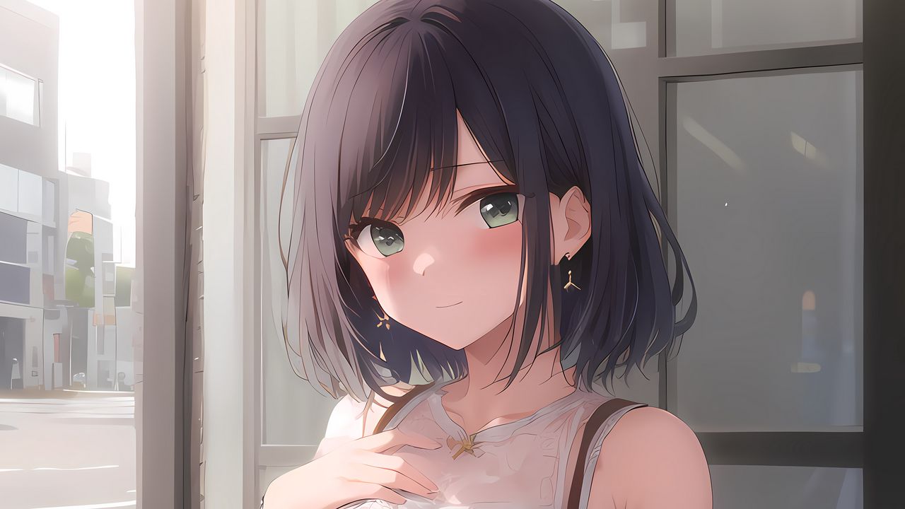 Wallpaper girl, earrings, smile, window, anime