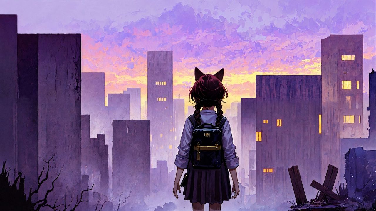 Wallpaper girl, ears, backpack, city, buildings, anime, art