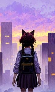 Preview wallpaper girl, ears, backpack, city, buildings, anime, art