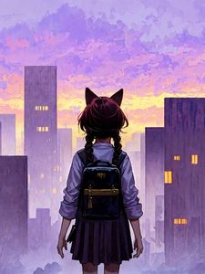 Preview wallpaper girl, ears, backpack, city, buildings, anime, art