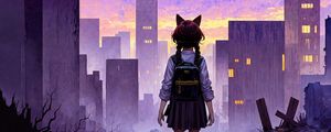 Preview wallpaper girl, ears, backpack, city, buildings, anime, art