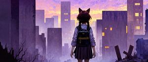 Preview wallpaper girl, ears, backpack, city, buildings, anime, art