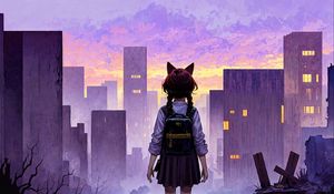 Preview wallpaper girl, ears, backpack, city, buildings, anime, art
