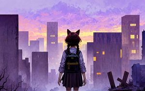 Preview wallpaper girl, ears, backpack, city, buildings, anime, art