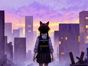 Preview wallpaper girl, ears, backpack, city, buildings, anime, art