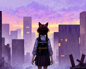 Preview wallpaper girl, ears, backpack, city, buildings, anime, art