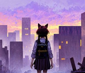 Preview wallpaper girl, ears, backpack, city, buildings, anime, art