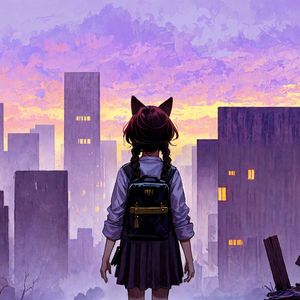Preview wallpaper girl, ears, backpack, city, buildings, anime, art