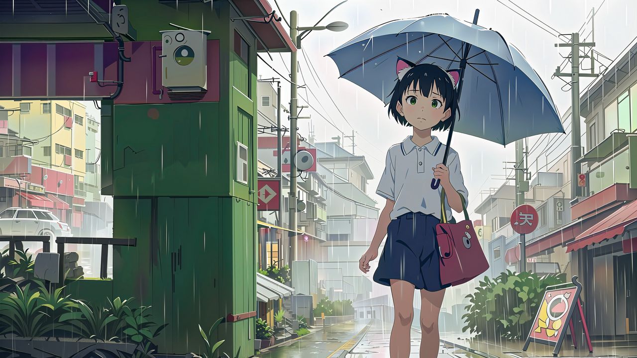 Wallpaper girl, ears, bag, umbrella, rain, anime