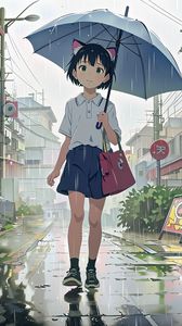Preview wallpaper girl, ears, bag, umbrella, rain, anime