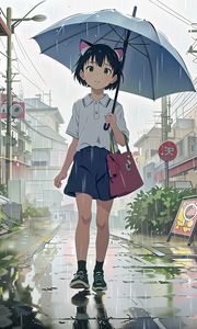 Preview wallpaper girl, ears, bag, umbrella, rain, anime