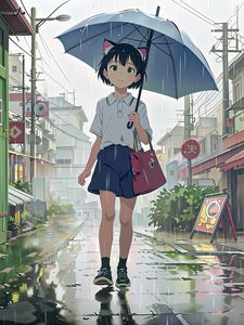 Preview wallpaper girl, ears, bag, umbrella, rain, anime