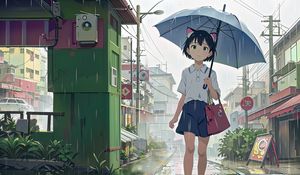 Preview wallpaper girl, ears, bag, umbrella, rain, anime