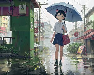 Preview wallpaper girl, ears, bag, umbrella, rain, anime