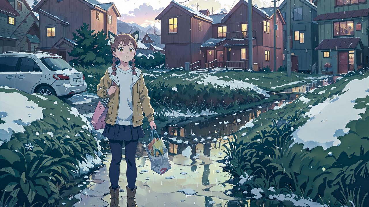 Wallpaper girl, ears, bags, snow, anime
