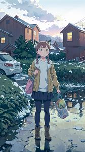 Preview wallpaper girl, ears, bags, snow, anime