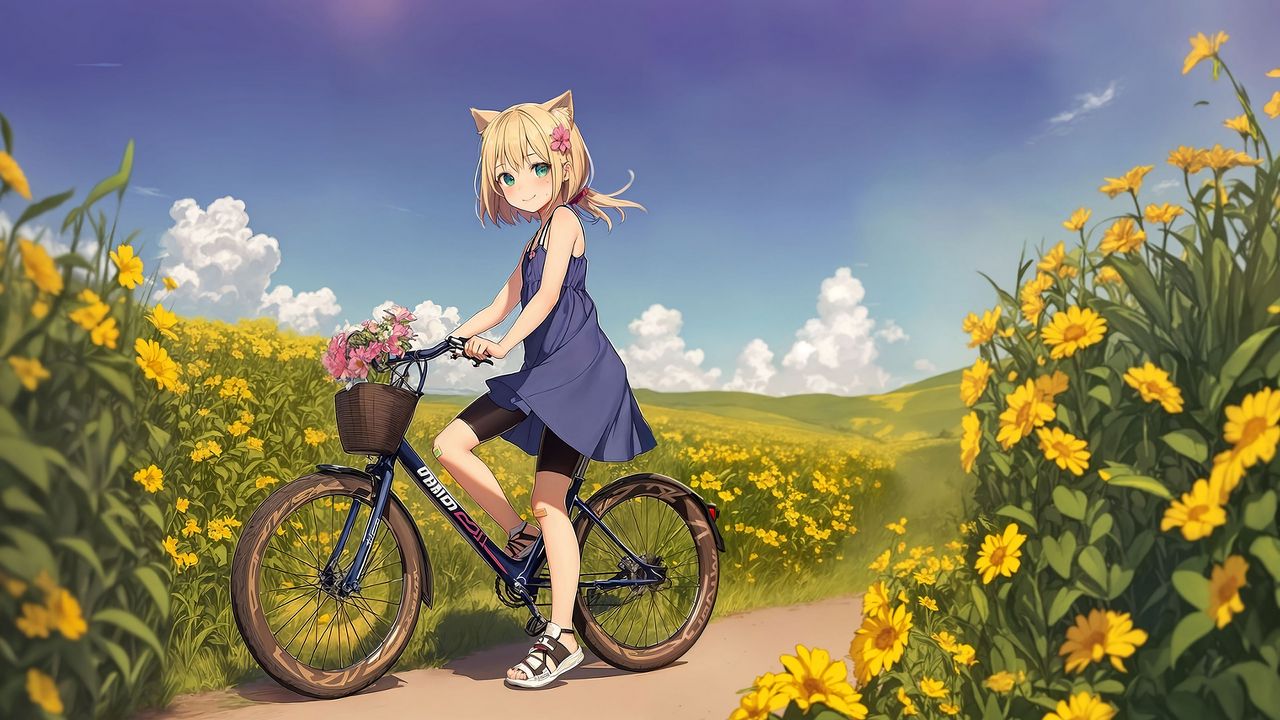 Wallpaper girl, ears, bicycle, flowers, field, anime