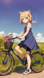 Preview wallpaper girl, ears, bicycle, flowers, field, anime
