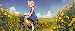 Preview wallpaper girl, ears, bicycle, flowers, field, anime
