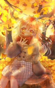 Preview wallpaper girl, ears, book, autumn, anime, art, orange