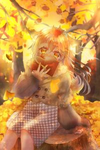 Preview wallpaper girl, ears, book, autumn, anime, art, orange