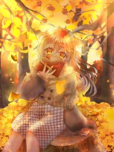 Preview wallpaper girl, ears, book, autumn, anime, art, orange