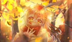 Preview wallpaper girl, ears, book, autumn, anime, art, orange