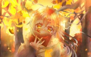 Preview wallpaper girl, ears, book, autumn, anime, art, orange