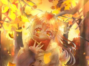 Preview wallpaper girl, ears, book, autumn, anime, art, orange